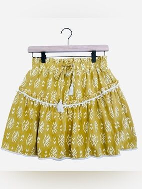 THML Mustard Yellow Boho Tassel Mini Skirt with White Aztec Print and Tassel